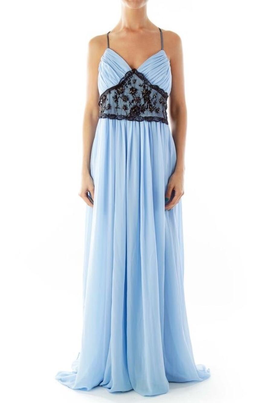 Pearl Georgina Chapman Blue Spagetti Beaded Lace Detail Maxi Dress Size 10 NWT
